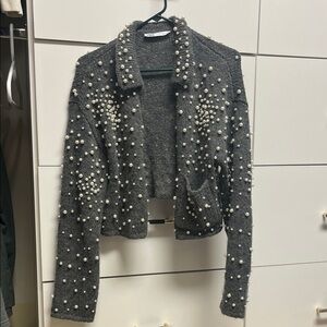 Zara Gray Pearl-Studded Sweater